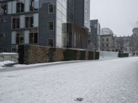 a person that is walking down the street in the snow on the street near some buildings