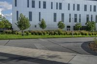 a city street surrounded by grass and tall buildings at the end of a street there is a paved pathway in front of the building