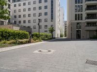 a paved sidewalk in front of two high rise building apartments, with trees in the distance