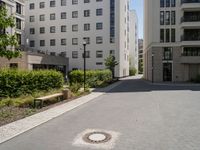 a paved sidewalk in front of two high rise building apartments, with trees in the distance