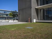 a grassy lawn in front of a building next to a large glass building and sidewalk