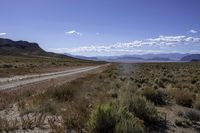 dirt road through dry brush and grasses near mountains with clouds above them and distant sky with sparse vegetation