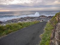 road going through grass near the ocean on rocky path at sunset near the beach and rocks