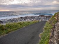 road going through grass near the ocean on rocky path at sunset near the beach and rocks