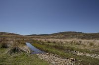 a stream runs through a barren area between two mountains on a clear day with some grass