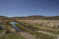 a stream runs through a barren area between two mountains on a clear day with some grass