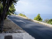 a long, empty, straight road is lined with trees and bushes in front of the ocean