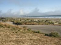 a grassy hill near the beach with cars passing by on either side of the road