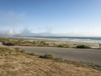 a grassy hill near the beach with cars passing by on either side of the road