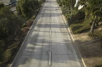 a empty road next to the ocean with palm trees on both sides and buildings near by
