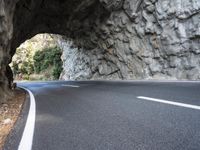an arched tunnel on an empty highway near trees and shrubss in the mountains with road markings