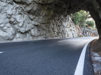 an arched tunnel on an empty highway near trees and shrubss in the mountains with road markings