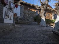 stone walkway on brick patio in old town setting with tall trees and stone buildings in background