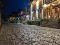 a cobblestone paved street at night, with steps to buildings in the background