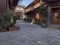 stone courtyard with antique wooden buildings and shrubs in pots on the right side of it