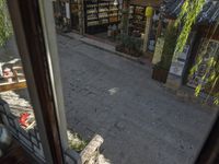 a picture taken from a window of a bookstore looking into another shop with trees on the sidewalk