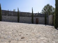 a stone walkway with tall cypress trees and fence in background behind the wall by some rocks