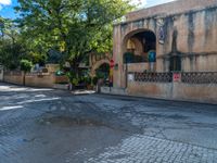 the corner of a street lined with old buildings and plants, along a walkway, between two large green trees