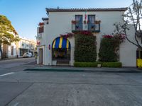 a building on the street that is next to the road with a flower plant hanging from it