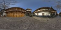 three circular shots of two old houses one is red and the other is white with large wooden trim