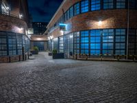 some dark blue windows in an industrial building with no one on the street to the right