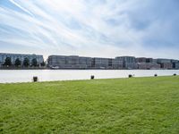 a grassy field in front of tall buildings and a lake with a few trees on top