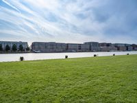 a grassy field in front of tall buildings and a lake with a few trees on top