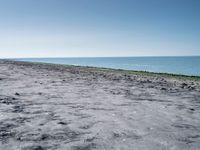 a person standing on the sand looking out at the ocean while holding a kite in hand