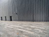 a person walking down some brick sidewalk near a metal building or structure, and looking into the distance