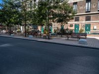 a street and an empty area with benches, a bench, and other trees surrounding the pavement