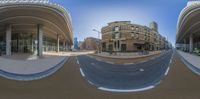 a group of two photographs taken on a sunny day of an intersection with buildings in the background