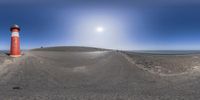 this is a 360 - view image of a lighthouse with a white and red tower