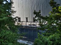 a view of an outdoor patio on a clear day with the building behind it and trees in front of it