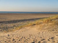 a grassy dune is at the edge of the sandy beach near the ocean with a light house and the water in the distance