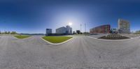 a 360 - shot of buildings in a city from the street and camera lens, looking at the buildings