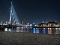 a view of the city skyline at night from across a river, with boats and bridge