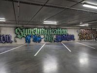 a parking garage with graffiti on the wall and two skateboards leaning up against each other