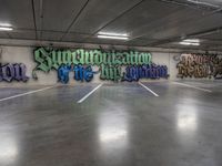 a parking garage with graffiti on the wall and two skateboards leaning up against each other