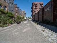 the empty street has bricks, brick planters and red brick buildings in the back