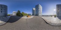 a 360 - dolly shot of buildings on a sunny day with clear blue skies behind