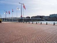 a building is visible behind the flags at the water's edge and the walkway next to it