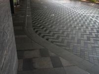 sidewalk with two empty umbrellas on it in a city street, during the evening