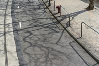 two red fire hydrants are on the side of a road with a sidewalk with a set of metal rails
