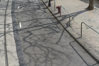 two red fire hydrants are on the side of a road with a sidewalk with a set of metal rails