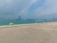 a large body of water next to a city skyline and a road with yellow poles on either side