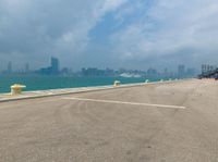 a large body of water next to a city skyline and a road with yellow poles on either side