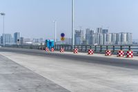 city skyline over highway with a view of city across water, and several road markers lined in front of traffic lights