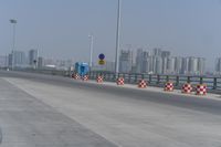 city skyline over highway with a view of city across water, and several road markers lined in front of traffic lights