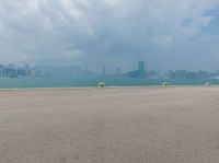 a yellow fire hydrant sitting next to a big body of water with buildings and mountains in the background