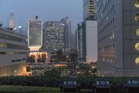 several bins on top of a grassy area by some tall buildings with windows on the side